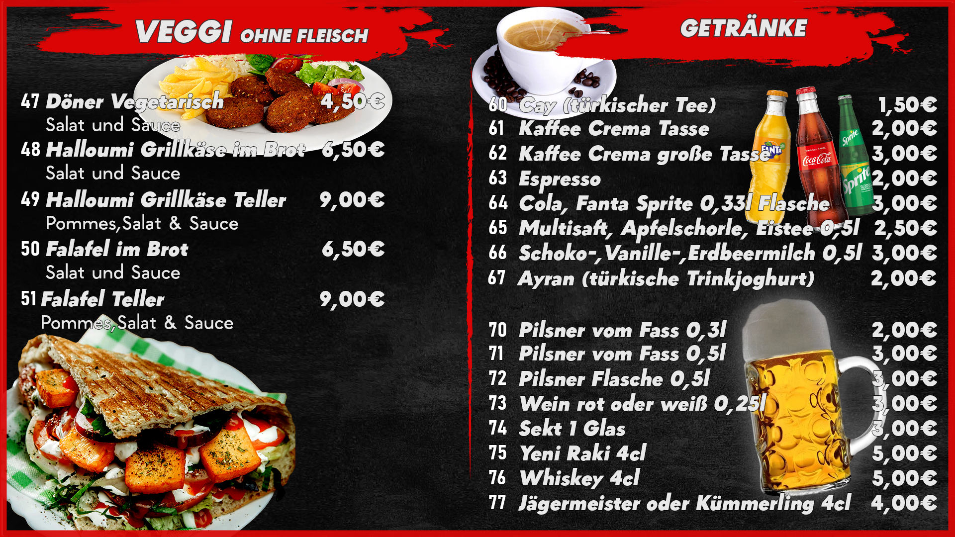 Vegetarische Gerichte, Halumi, Falafel und Getränke